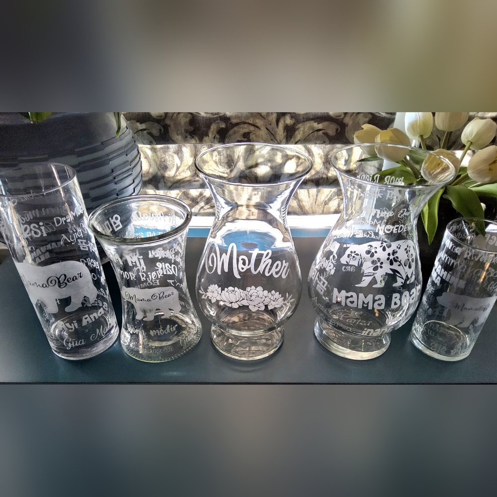 Mama Bear Etched Glass Vase - Tall Cylinder